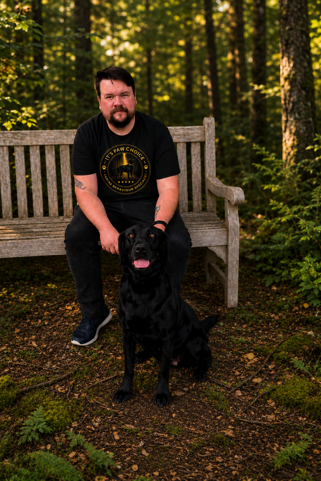 Craig Dunn with a black Labrador in a forest setting